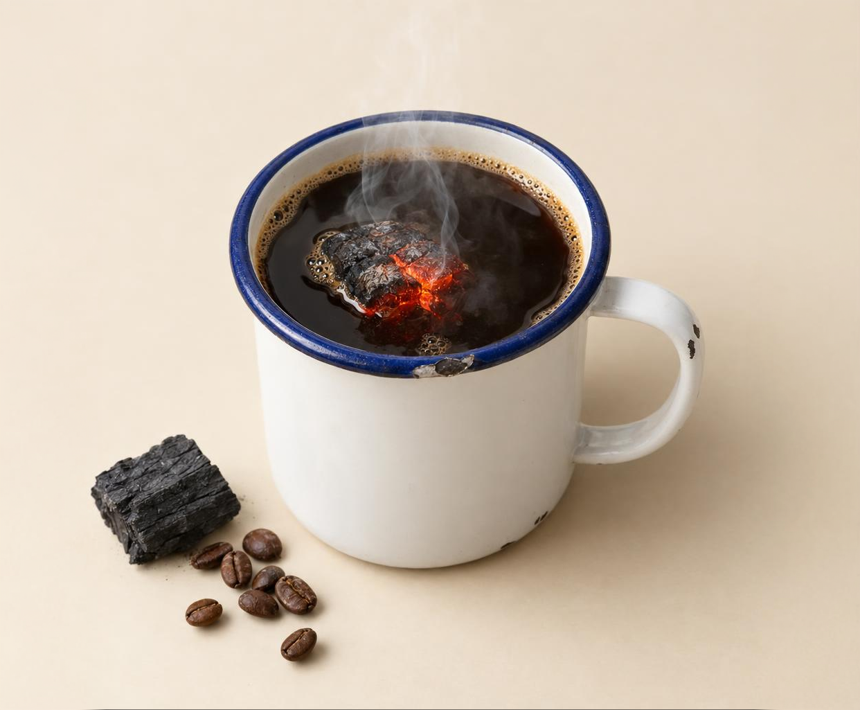 Enamel mug of kopi joss with a piece of charcoal