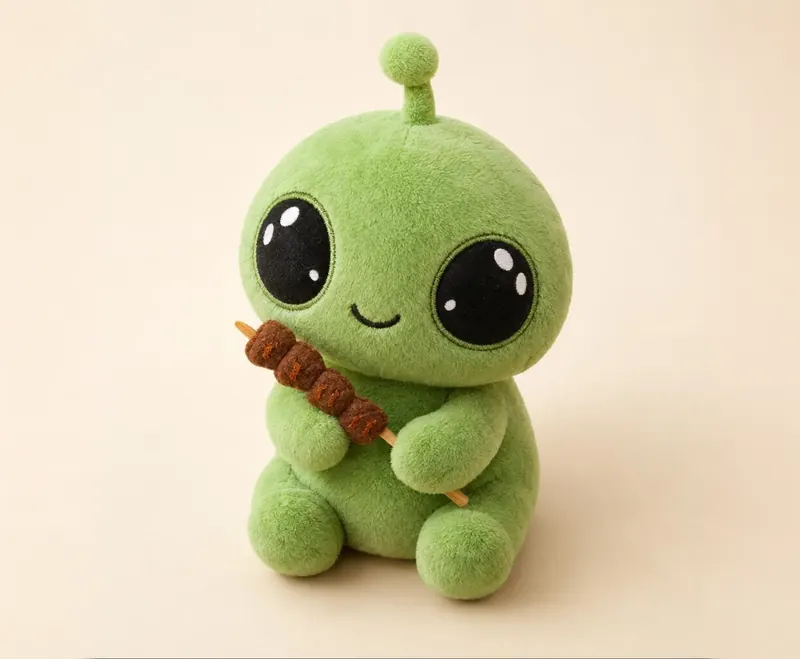 Green hungry alien plush holding a skewer