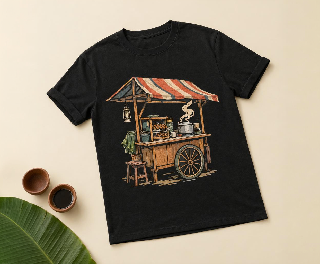 Black tee printed with an angkringan cart