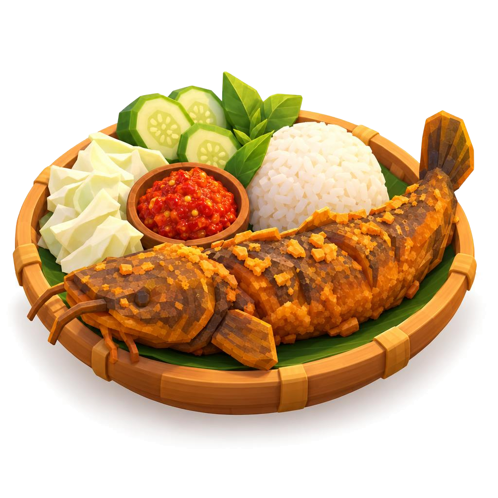 Pecel lele: fried catfish with sambal and veggies on a bamboo tray