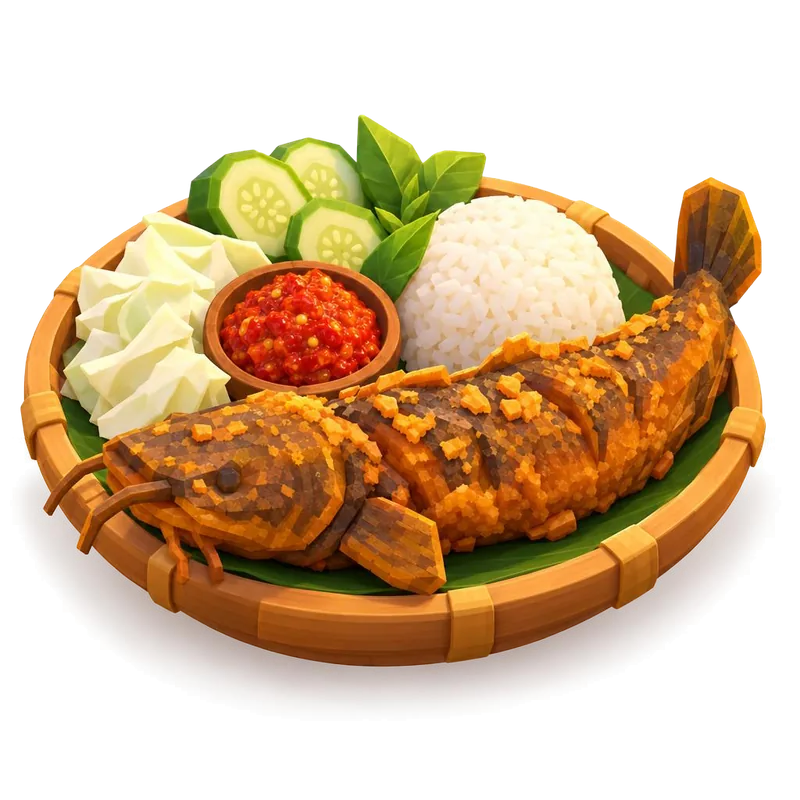 Pecel lele: fried catfish with sambal and veggies on a bamboo tray