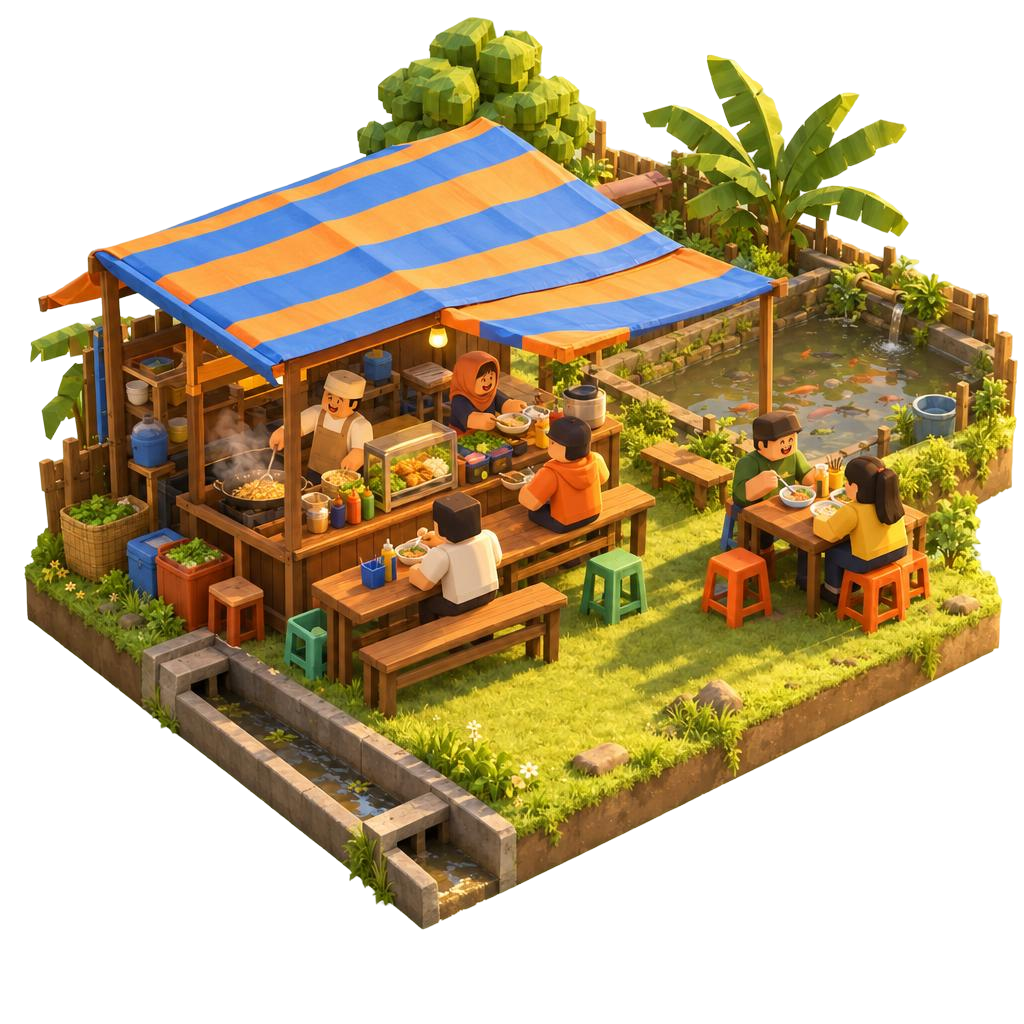 Lapak Pinggir Got, a stall with a striped awning and a pond
