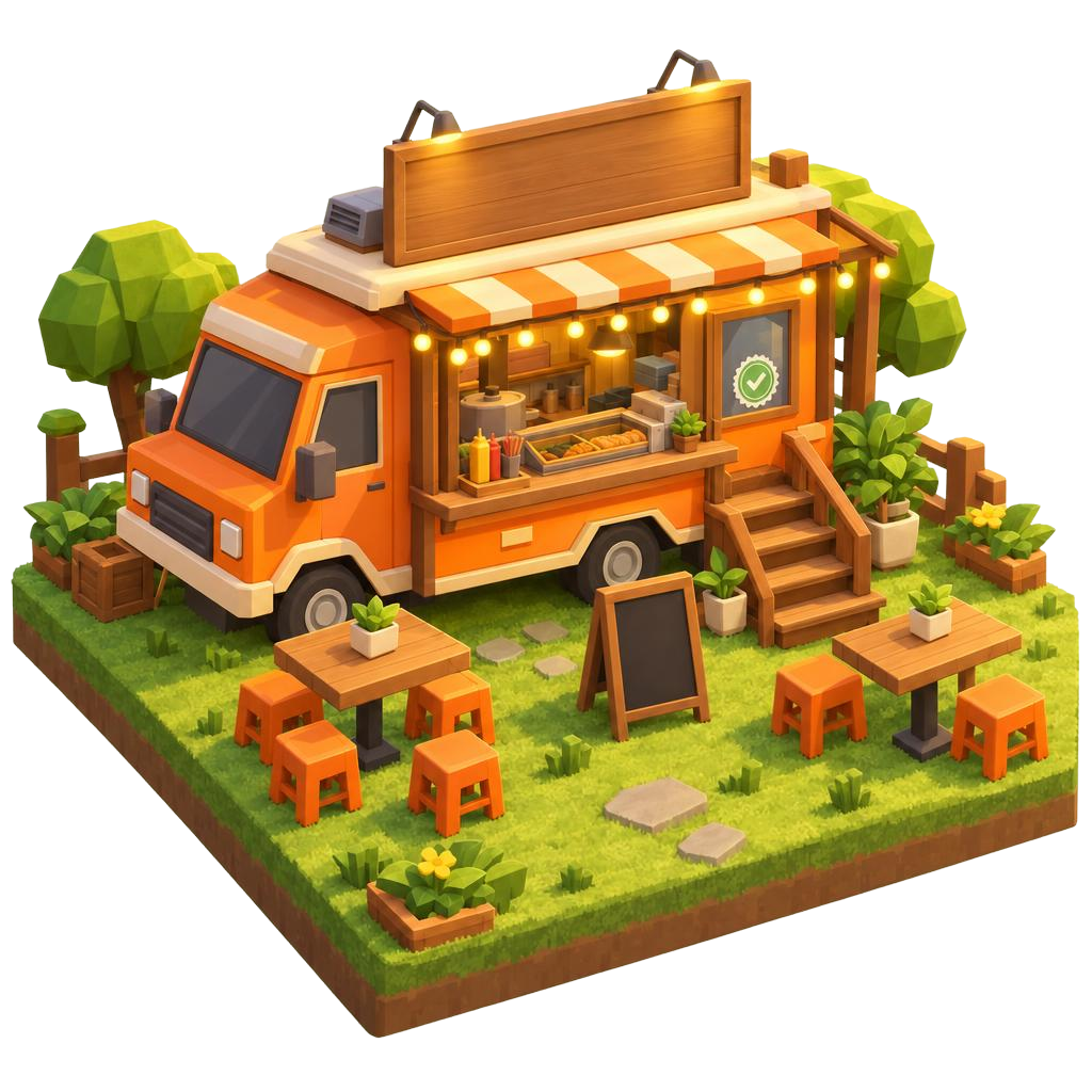 Kios Punya Izin, an orange food truck with seating
