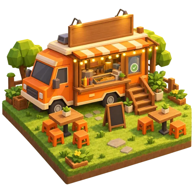 Kios Punya Izin, an orange food truck with seating