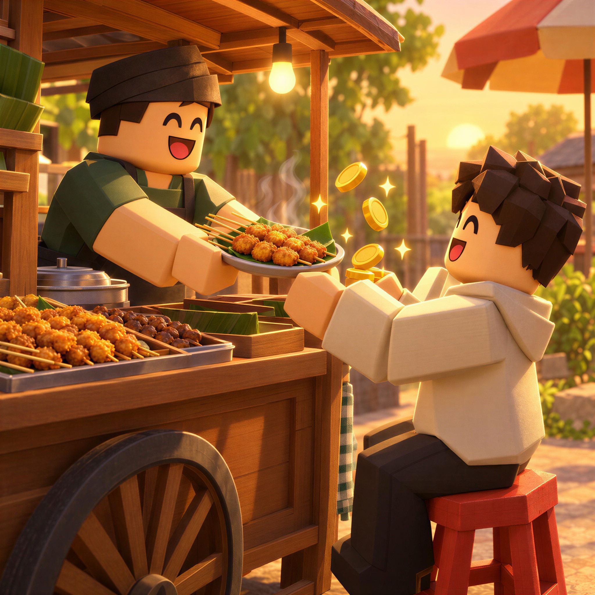 A player handing sate nugget to a customer at the cart